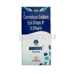 アクエアス点眼薬 ,カルボキシメチルセルロース 0.5% w/v, 点眼薬 10mL, 製造元：Optho Pharma Pvt Ltd, 箱表面