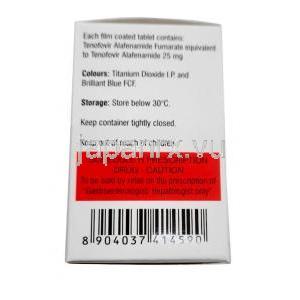 タフナット,  テノホビル 25 mg, 30 錠, 製造元：Natco Pharma, 箱情報, 保管方法, 注意事項