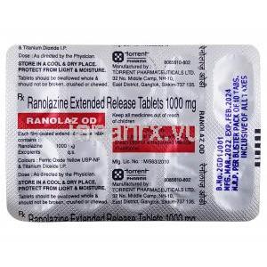 ラノラズ OD, ラノラジン 1000 mg, 製造元：Torrent Pharma, シート情報