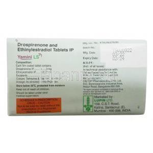 ヤミニ LS,ドロスピレノン 3 mg/ エチニルエストラジオール 0.02mg,24錠,製造元 Lupin, 箱情報