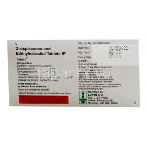 ヤミニ, ドロスピレノン 3 mg/ エチニルエストラジオール 0.03mg, 21錠, 製造元：Lupin, 箱情報