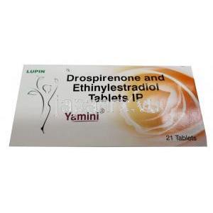 ヤミニ, ドロスピレノン 3 mg/ エチニルエストラジオール 0.03mg, 21錠, 製造元：Lupin, 箱表面