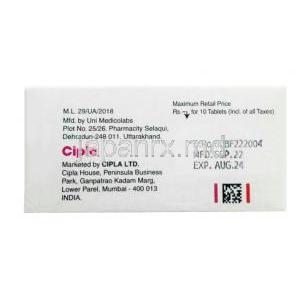 リスニア MD 1.0, リスペリドン 1 mg,錠剤, 製造元：Cipla, 箱情報