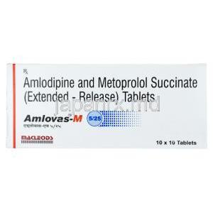 アムロバス M, アムロジピン 5mg/ コハク酸メトプロロール 50mg , 製造元：Macleods Pharmaceuticals,箱表面