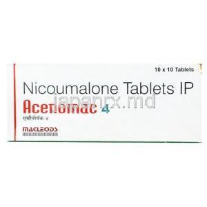 アセノマック, アセノクマロール 4 mg, 製造元：Macleods Pharmaceuticals, 箱表面