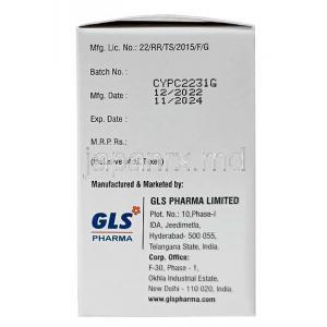 CTX-GLS 注射, シクロホスファミド 1000mg, 注射バイアル, 製造元：GLS Pharma Ltd, 箱裏面