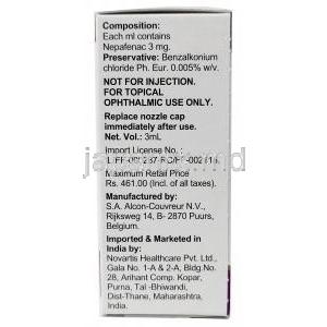 イレブロ 点眼薬,  ネパフェナク 0.3% wv, 点眼薬 3mL, 製造元：Novartis India Ltd, 箱情報, 成分, 製造元