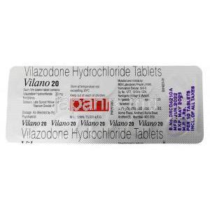 ビラノ 20, ビラゾドン 20 mg, 製造元：Sun Pharmaceutical Industries,  シート情報