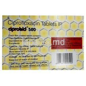 シプロビッドシプロフロキサシン 500 mg,  製造元：Zydus Cadila, 箱情報
