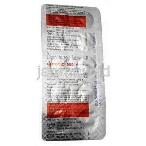 シプロビッドシプロフロキサシン 500 mg,  製造元：Zydus Cadila, シート情報