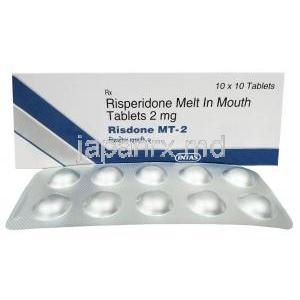 リスドン MT, リスペリドン 2 mg, 口腔内崩壊錠, 製造元： Intas Pharma, 箱, シート