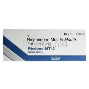 リスドン MT, リスペリドン 2 mg, 口腔内崩壊錠, 製造元： Intas Pharma, 箱表面