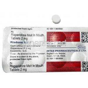 リスドン MT, リスペリドン 2 mg, 口腔内崩壊錠, 製造元： Intas Pharma, シート, 錠剤（白色）