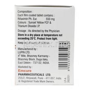 リファクリーン 550, リファキシミン,  550 mg, 製造元：Emcure Pharmaceuticals Ltd, 箱情報, 製造元