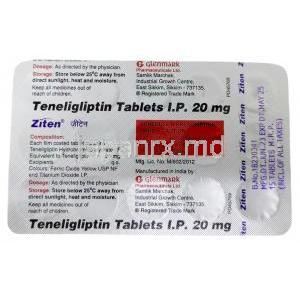 ジテン,テネリグリプチン 20 mg, 製造元：Glenmark Pharmaceuticals, シート情報