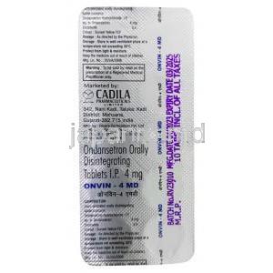 オンビン MD, オンダンセトロン 4 mg, 製造元：Cadila Pharma, シート情報