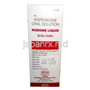 リスドン 内服液, リスペリドン 1 mg/mL, 内服液 60mL,製造元：Intas Pharmaceuticals, 箱情報, 製造日, 消費期限