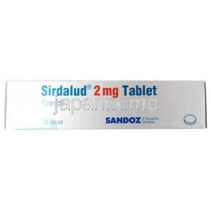 シルダルード, チザニジン 2 mg, 製造元：Sandoz, 箱側面
