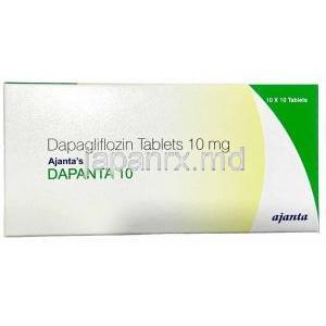 ダパンタ 10, ダパグリフロジン 10mg,製造元： Ajanta Pharma Limited, 箱表面