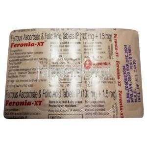 フェロニア XT, アスコルビン酸第一鉄 (鉄 100mg 相当)/ 葉酸 1.5mg, 製造元：Zuventus Healthcare, シート情報