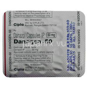 ダノジェン Danogen,  ダノクリン ジェネリック,  ダイナゾール 50mg カプセル (Cipla) 包装裏面