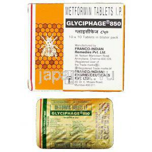 メトホルミン （ジェネリック グルコファージ）Glyciphage,  850mg 錠 (Franco-Indian)