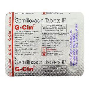 G-Cin, ファクティブ ジェネリック, ゲミフロキサシン 320mg 錠 (Lupin) 包装裏面