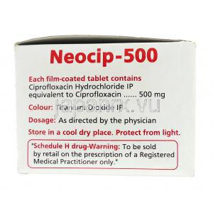 ネオシップ Neocip, シプロキサン ジェネリック, シプロフロキサシン 500mg 錠 (Cpla) 箱側面