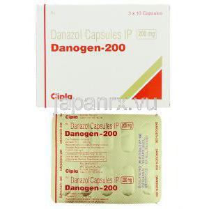 ダノジェン Danogen,  ダノクリン ジェネリック,  ダイナゾール 200mg カプセル (Cipla) 包装