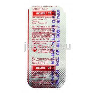 レリティル Relitil, ウインタミン ジェネリック, クロルプロマジン 25mg 錠 (LA Pharma) 包装裏面