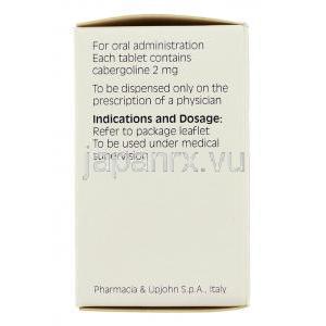 カバサール Cabaser, カベルゴリン 2mg 錠 (Pharmacia Upjohn) 箱側面