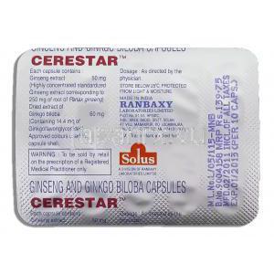 ケアスター Cerestar, 朝鮮人参・イチョウ葉エキス配合 カプセル (Ranbaxy/Solus) 包装裏面