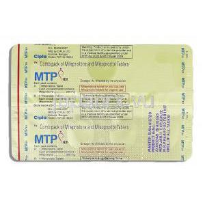 MTP キット, ミフェプリストーン・ミソプロストール配合 錠 (Cipla) 包装裏面