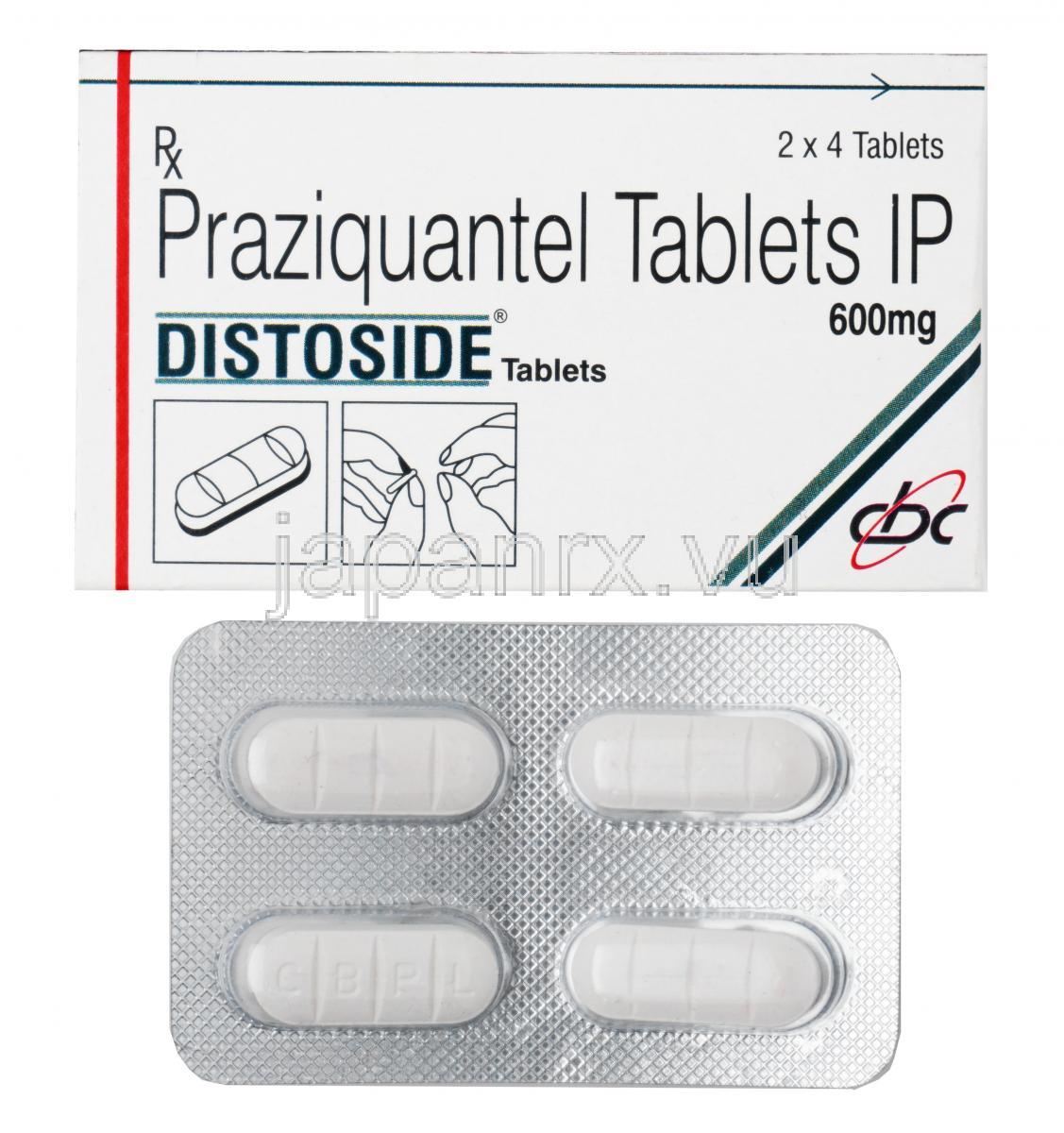 プラジカンテル  600mg (Distoside) Chandra Bhagat Pharma 箱、錠剤