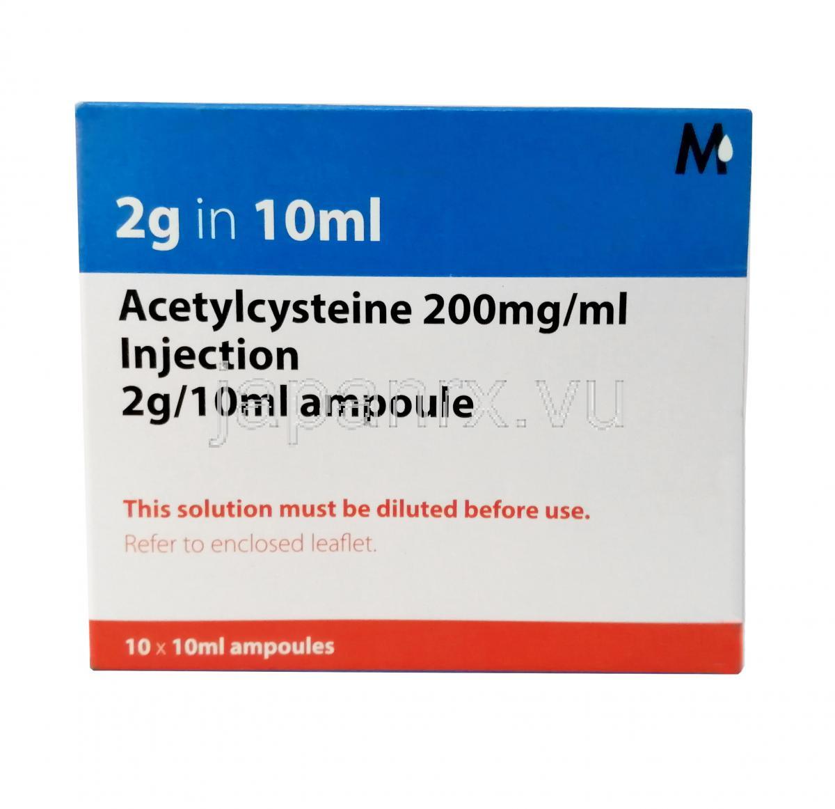 Acetylcysteine Solution for Injection, Acetylcysteine 200mg/mL,Ampule 10mL, Mucomyst, Box front view
