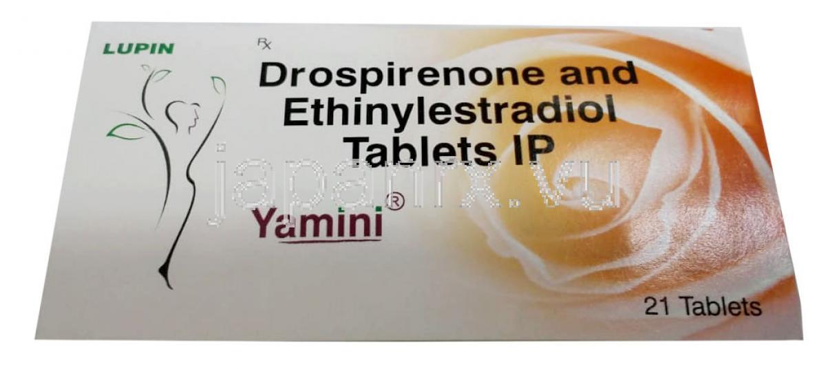 ヤミニ, ドロスピレノン 3 mg/ エチニルエストラジオール 0.03mg, 21錠, 製造元：Lupin, 箱表面